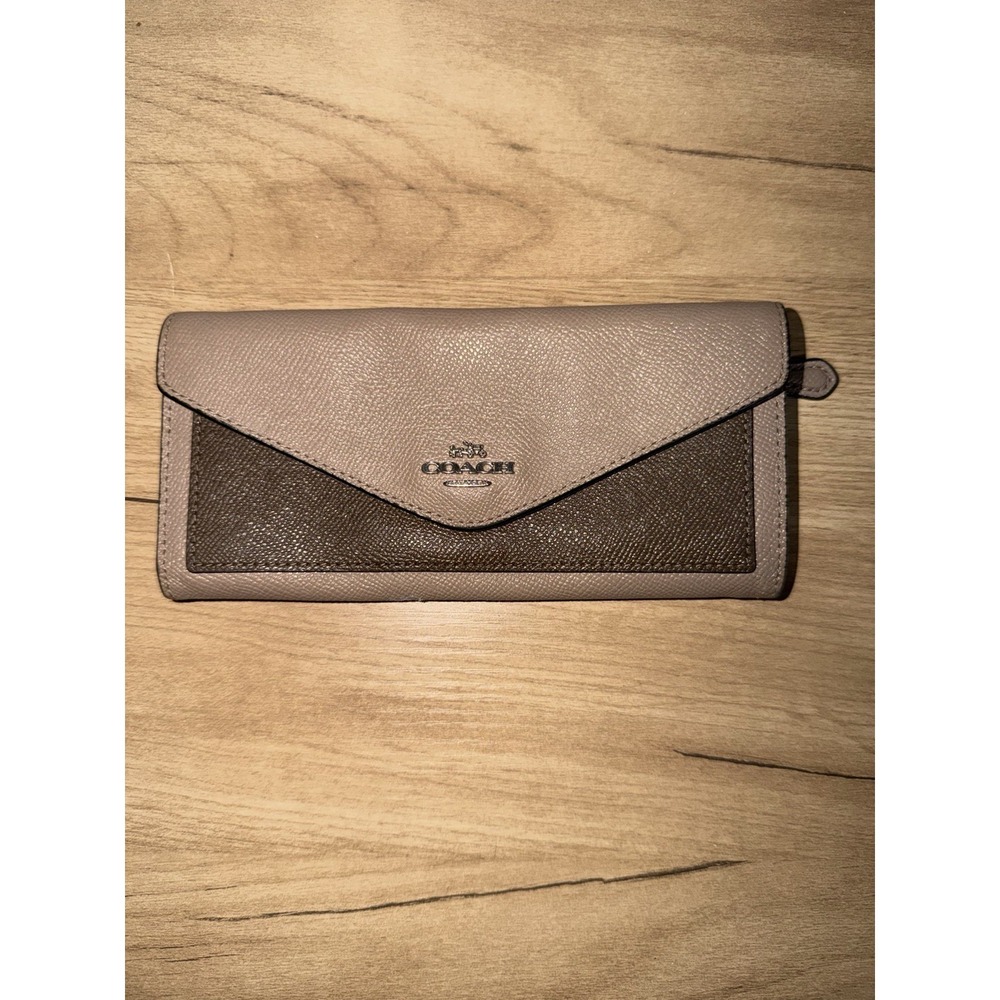 COACH Signature Slim Envelope Style‎ Colorblock Wallet Brown Tan Color J